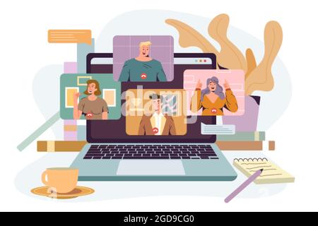 Illustration du vecteur plat de la visioconférence. Personnes travaillant à distance, communication en ligne par visioconférence. Ordinateur portable à écran avec un groupe de collègues qui parlent. Concept de réunion virtuelle, travail à domicile. Illustration de Vecteur