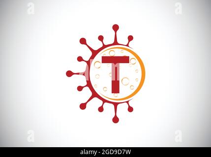 Lettre initiale du monogramme T avec cellules du coronavirus. Logo Lab signe symbole dessin vectoriel Illustration. Emblème de police. Virus Corona (Covid-19). Arrêt Corona Illustration de Vecteur