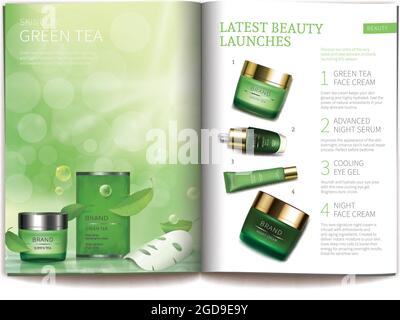 Modèle vectoriel pour magasin cosmétique brillant. Magazine ou catalogue de diffusion, page avec des cosmétiques naturels, feuille de masque à côté des feuilles de thé vert et page avec vert nuit et jour soin de la peau complexe Illustration de Vecteur