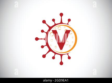 Lettre initiale du monogramme V avec cellules du coronavirus. Logo Lab signe symbole dessin vectoriel Illustration. Emblème de police. Virus Corona (Covid-19). Arrêt Corona Illustration de Vecteur