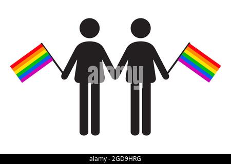 Icône deux hommes portant le drapeau gay arc-en-ciel. Illustration vectorielle de l'icône de fierté LGBTQ Illustration de Vecteur