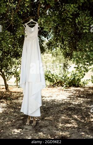 Longue robe de mariage blanche accroché à l'arbre en été Banque D'Images