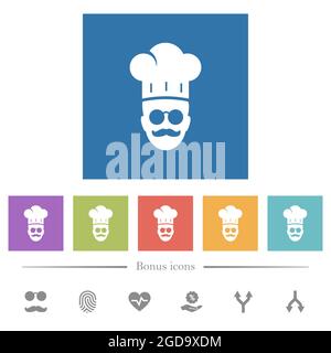 chef cuisinier avec des lunettes et une moustache plate icônes blanches sur fond carré. 6 icônes bonus incluses. Illustration de Vecteur