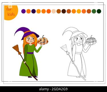 livre de coloriage pour les enfants par couleurs, sorcière de dessin animé tenant une citrouille dans sa main, halloween. vecteur isolé sur un fond blanc Illustration de Vecteur