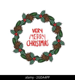Coloré ligne Art couronne de Noël, branches vertes d'épinette décorées. Illustration de Vecteur