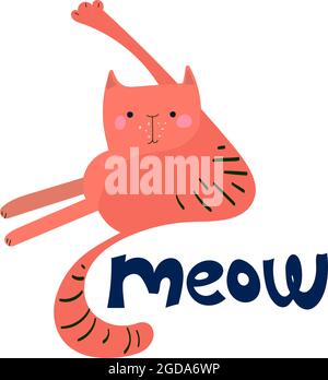 Drôle de chaton vecteur élevant sa patte jusqu'à laver. Chat dessiné à la main pour l'impression, le tissu, les t-shirts et les affiches. Cute visage, moustache, pattes, queue, rayures sur fond blanc. Lettrage méouf. Illustration de Vecteur