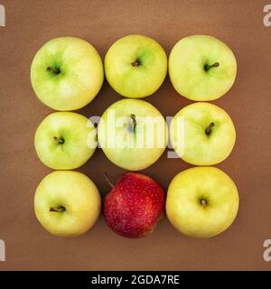 Pommes mûres juteuses jaune-vert au carré avec une pomme rouge. Banque D'Images
