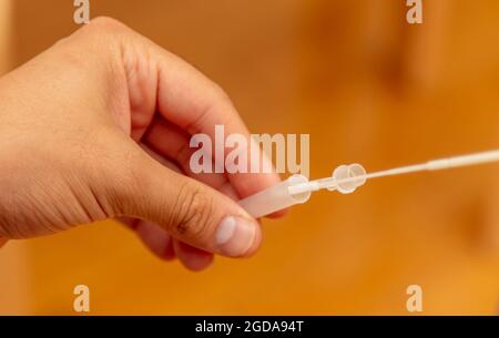 Détection du coronavirus Covid19. Homme effectuant un auto-test. Kit de test de diagnostic d'antigène rapide avec écouvillon nasal et tube. Vue en gros plan Banque D'Images