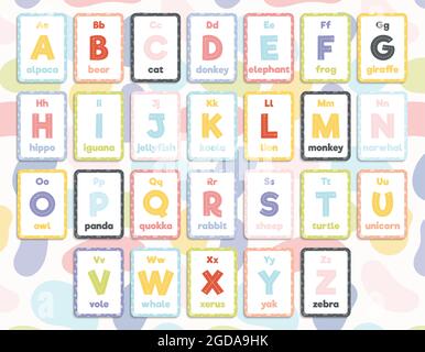 Lot de 26 fiches pédagogiques colorées imprimables pour l'alphabet anglais. Illustration de Vecteur