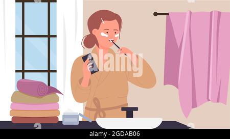 Fille se brossant les dents avec le dentifrice dans la salle de bains à la maison illustration vectorielle. Caricature jeune femme personnage tenant brosse à dents, debout à l'évier de lavabo, matin soir hygiène buccale routine arrière-plan Illustration de Vecteur