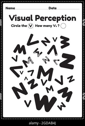 Compétences visuelles perceptuelles activité des lettres de l'alphabet feuille de travail pour les enfants d'âge préscolaire et de maternelle qui aide à développer les activités des yeux et du cerveau. Illustration de Vecteur