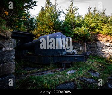 10 pouces, 18 tonnes, Mk. II fusil mouzzloading avec anneau de traverse de type Millar, n° 1, monté sur un chariot de traversée en fer. Banque D'Images