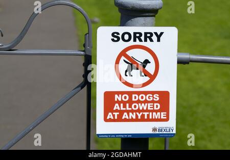 Londres, Angleterre, Royaume-Uni. Panneau indiquant que les chiens ne sont pas admis dans le parc de l'abbaye de Lesnes Banque D'Images
