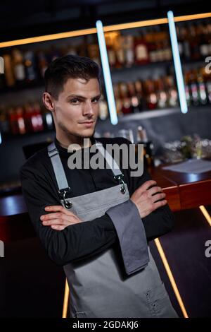 Beau barman en tablier debout au comptoir du bar Banque D'Images