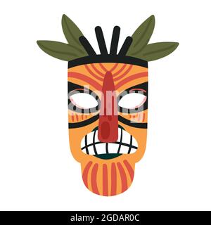 Masque Tiki, totem ethnique coloré effrayant pour illustration de vecteur de cérémonie de tribu traditionnelle. Visage de dieu tribal de bande dessinée dans un masque en bois avec tatouage isolé sur blanc Illustration de Vecteur
