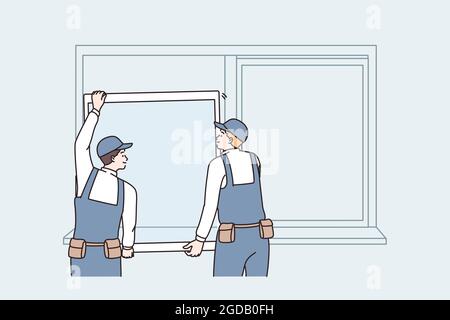 Réparation et reconstruction à la maison concept. Deux hommes travaillent en uniforme debout changeant de fenêtre pour le plastique un à la maison ou au bureau illustration vectorielle de travail Illustration de Vecteur