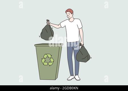 Protection de l'écologie et du recyclage. Jeune homme souriant personnage de dessin animé debout tenant des sacs poubelle séparés pour le recyclage illustration vectorielle Illustration de Vecteur