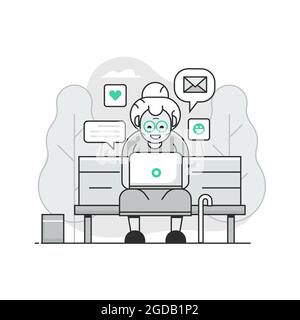 Granny avec chat sur ordinateur portable dans le parc public Illustration de Vecteur