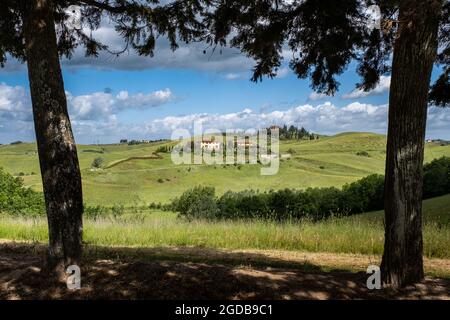 Trekking à Certaldo, vue panoramique parmi les cyprès du parc de Canonica pour découvrir les goulets de Casale, un paysage avec des phénomènes érosifs Banque D'Images