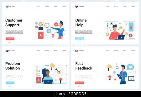 Illustration du vecteur du service d'assistance clientèle en ligne. Ensemble de pages de renvoi de concept moderne de dessin animé pour centre d'appels avec opérateurs dans les casques, résolution rapide des problèmes, consultation des clients, commentaires Illustration de Vecteur