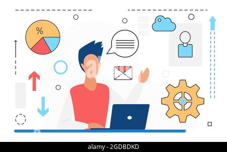 Analyse des données, stratégie et travail d'équipe scénario illustration. Personnage de cartoon man Manager travaillant avec le rapport de données sur l'ordinateur portable, le diagramme, le profil employés icône de ligne d'équipe isolée sur blanc Illustration de Vecteur