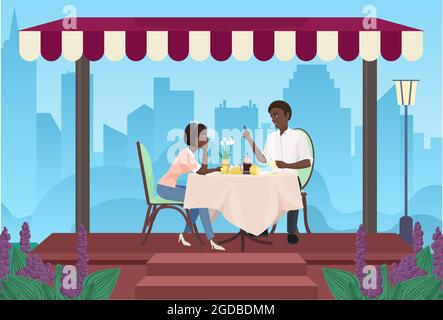 Couple personnes buvant du café ensemble, illustration de vecteur de conversation amicale ou romantique. Cartoon urbain paysage urbain avec café de rue extérieur sous la verrière et jeunes hommes femmes personnages boire, parler Illustration de Vecteur