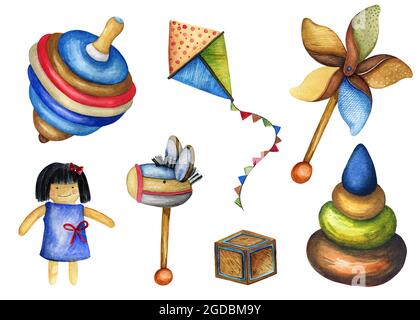 Watercolor jouets Clipart pour enfants. Jouets en bois Clipart Banque D'Images