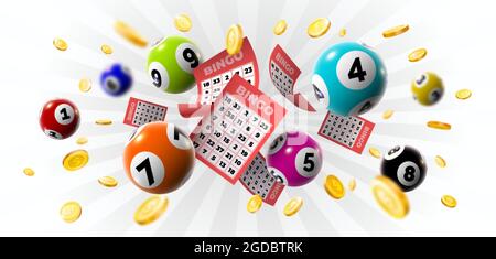 Arrière-plan du gagnant de bingo avec billets de loterie, balles et pièces d'or. Jeu de keno réaliste gagner poster avec cartes burs vecteur concept Illustration de Vecteur