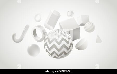 Arrière-plan abstrait avec formes géométriques blanches en 3d. Affiche graphique créative avec des sphères et des cubes réalistes. Figures de géométrie vectorielle Illustration de Vecteur