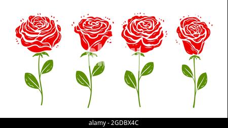 Rose rouge avec symbole de feuilles. Ensemble d'icônes de fleurs décoratives Illustration de Vecteur