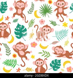 Motif sans couture avec singe bébé, banane et feuilles tropicales. Imprimé animal de la jungle façon pupille pour un tissu. Texture vectorielle de singes mignons Illustration de Vecteur