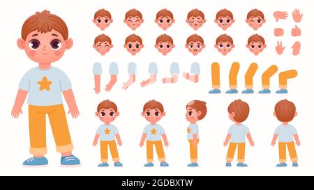 Cartoon garçon personnage constructeur avec des parties du corps et des émotions de visage. Expressions enfant, poses de jambe et mouvements de main pour l'ensemble de vecteurs d'animation Illustration de Vecteur