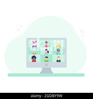 Cours en ligne sur la visioconférence. Les enfants assistent à l'enseignant en cours en ligne. Appel vidéo de l'ordinateur de bureau. Illustration vectorielle, des Illustration de Vecteur
