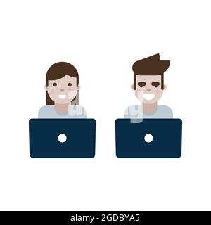Deux icônes de caractères. Deux personnes avec un ordinateur portable. Mise en réseau, communication, indépendant, concept de carrière professionnelle numérique. Illustrateur de vecteur Illustration de Vecteur