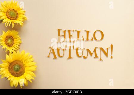 Bonjour automne, texte avec des tournesols sur le plan carré. Fond de papier beige et jaune. Motivation simple pour un début positif de la saison d'automne. Banque D'Images