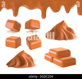 Caramel liquide réaliste, bonbons cubes au caramel et beurre d'arachide. Décor et tourbillons de caramel doux et fondu en 3D. Ensemble de desserts à base de lait condensé Illustration de Vecteur