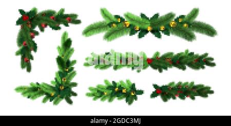 Guirlande d'arbres de noël réaliste avec bordures et coins de cadre. Décoration de vacances d'hiver avec branche de sapin, feuille de houx et cônes de pin ensemble vectoriel Illustration de Vecteur