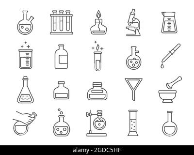 Icônes de la gamme d'équipements de laboratoire pour la recherche en chimie ou en sciences. Verrerie de laboratoire pharmaceutique, béchers, tubes à essai et flacons, pictogrammes, jeu de vecteurs Illustration de Vecteur