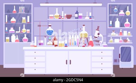 Intérieur plat de la salle de laboratoire de produits chimiques avec équipement scientifique. Salle de classe de chimie ou laboratoire scientifique avec expérience sur table, scène vectorielle Illustration de Vecteur