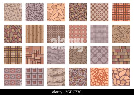 Pavés de rue pavés de carreaux vue du dessus. Carreaux de sol à la texture pierre, brique et pierre de charbonnage. Terrasse pavée ou ensemble vectoriel de trottoirs de parc Illustration de Vecteur