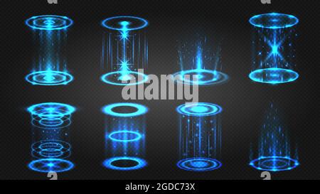 Portail hologramme futuriste, téléport magique ou effet de mise à niveau. Cercle lumineux au néon avec lumières étincelantes pour le jeu. Kit de podium numérique Illustration de Vecteur
