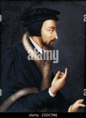 Titre: Portrait de John Calvin, théologien français et réformateur religieux, Créateur miniature: Jeanne Henriette Rath Moyen: Tempera lieu: Bibliothèque publique et universitaire, Genève, Suisse Banque D'Images