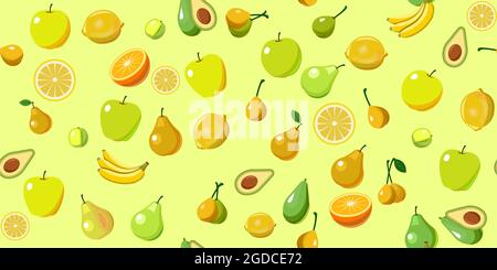 Les fruits les plus populaires sont les arbres fruitiers dans les tropiques et les climats tempérés. Image d'arrière-plan. Style dessin animé plat. Pommes, poires, prunes, bananes, ou Banque D'Images