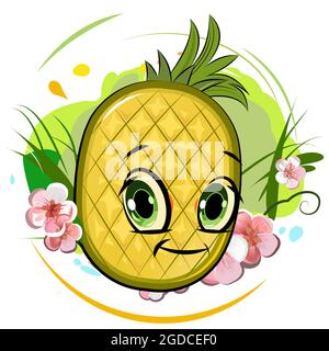 Ananas sourire joyeux. Fruits rouges juteux avec un museau. Style de dessin animé. Isolé sur fond blanc. Illustration. Composition estivale lumineuse. Banque D'Images