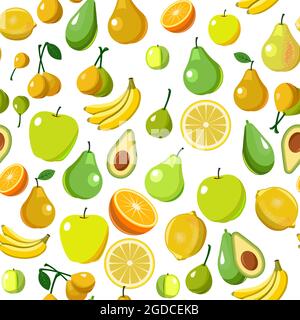 Les fruits les plus populaires sont les arbres fruitiers. Image d'arrière-plan transparente. Style dessin animé plat. Isolé. Pommes, poires, prunes, bananes, oranges, citrons, pers Banque D'Images