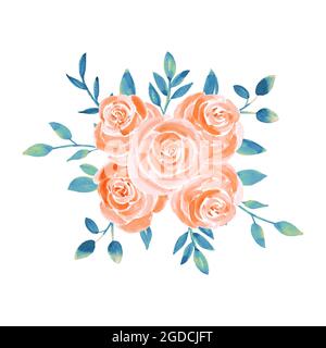 Aquarelle rose fleurs bouquet illustration florale clipart pêche et bleu marine Banque D'Images