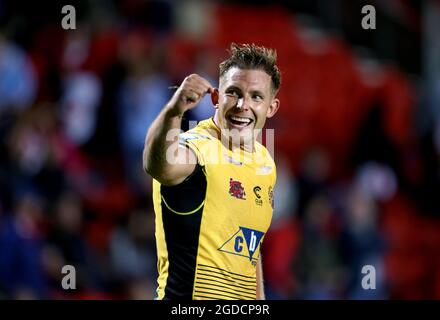 Greg Eden de Castleford Tigers célèbre à la fin du match de la Super League de Betfred au stade de la totalement Wicked, St Helens. Date de la photo: Jeudi 12 août 2021. Banque D'Images