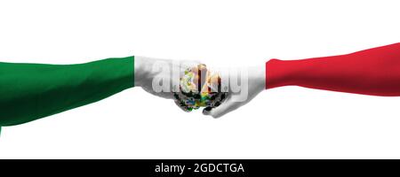 Mains peintes dans les couleurs du drapeau mexicain sur fond blanc Banque D'Images