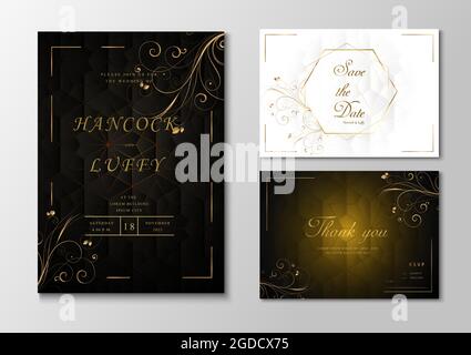 Modèle de carte d'invitation de mariage de luxe fond noir, blanc et or élégant avec forme géométrique motif floral. Illustration vectorielle.Eps10 Illustration de Vecteur