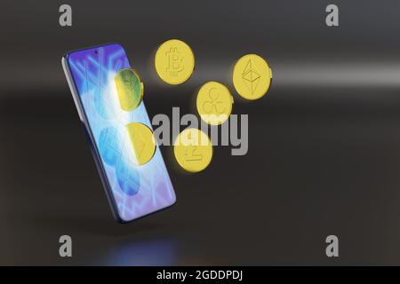 Crypto devises, bitcoin, Ethereum, litecoin, et ondulation de pièce de monnaie sortant d'un téléphone mobile. illustration 3d. Banque D'Images